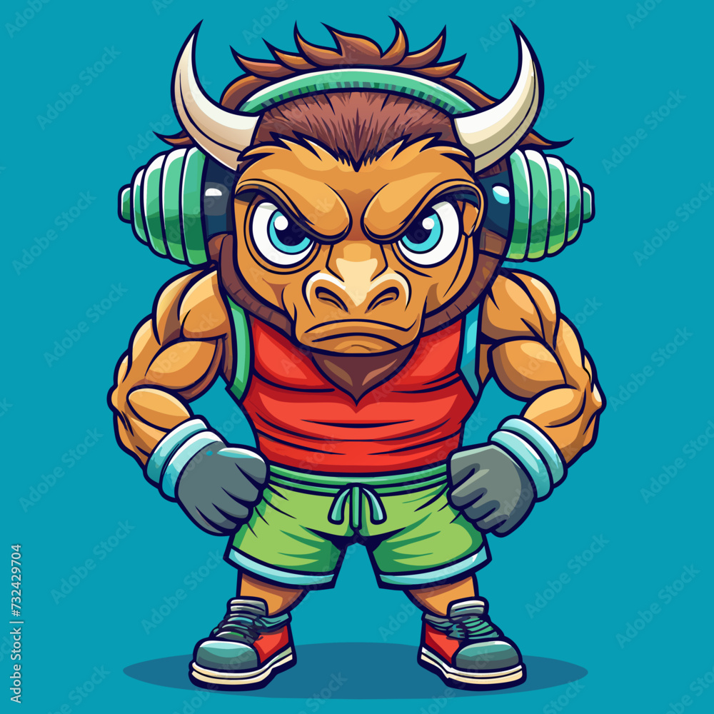 Naklejka premium Bull Angry, cute, style , Big eye, Full Human Body, art 90 style, sport wear, headset, full body