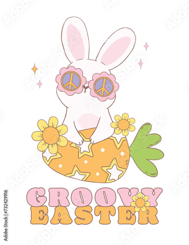 Cute Happy Groovy Easter bunny with disco retro eggs. Playful cartoon doodle animal hand drawing.