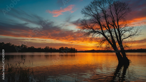 Beauty of a sunset over a still lake with the silhouette of trees framing the horizon and their branches reaching towards the vibrant hues of the fading sun