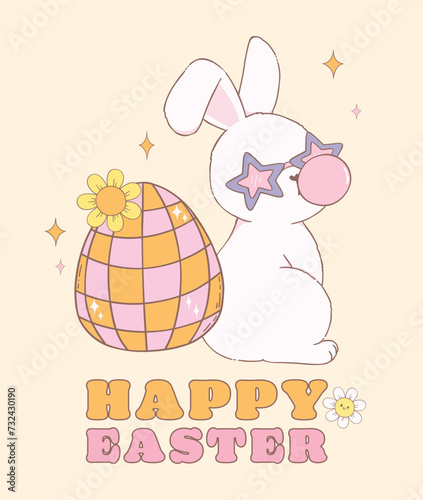 Cute Happy Groovy Easter bunny with disco easter egg. Playful cartoon doodle animal hand drawing.