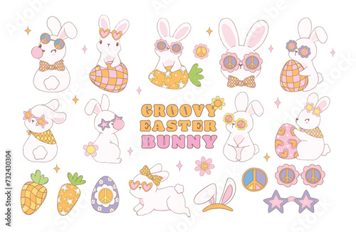 Cute Groovy Easter Bunny collection, Playful cartoon doodle animal hand drawing set.