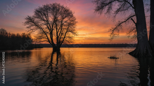Beauty of a sunset over a still lake with the silhouette of trees framing the horizon and their branches reaching towards the vibrant hues of the fading sun © mdaktaruzzaman