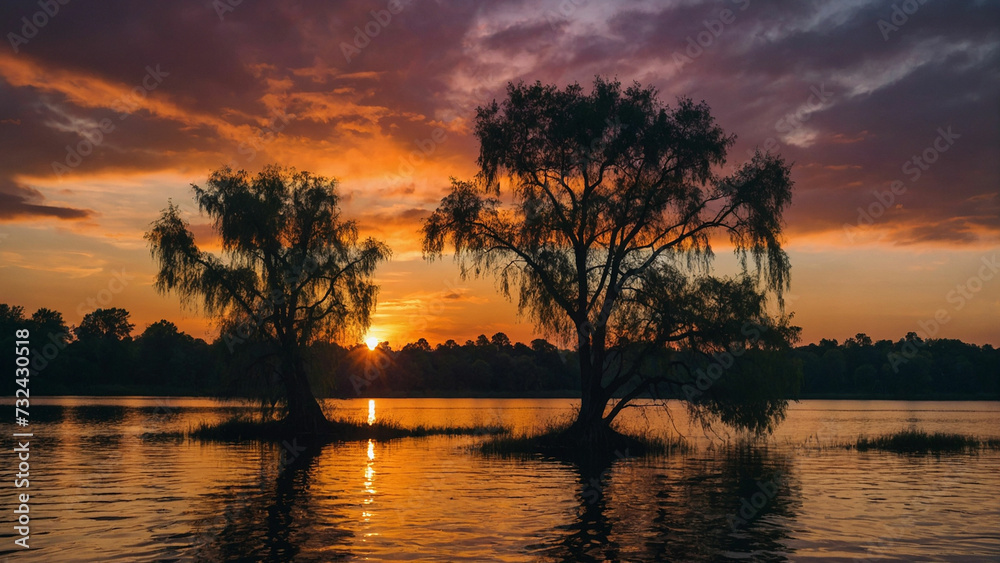 Beauty of a sunset over a still lake with the silhouette of trees framing the horizon and their branches reaching towards the vibrant hues of the fading sun