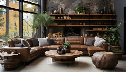Rustic Charm: Country Farmhouse Interior with Leather Chair and Round Wooden Coffee Table