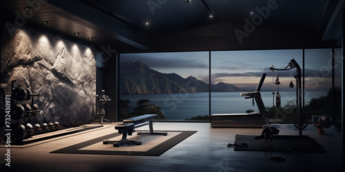 A gym with a black ceiling, A home gym with a wall mounted tv and built in audio system,