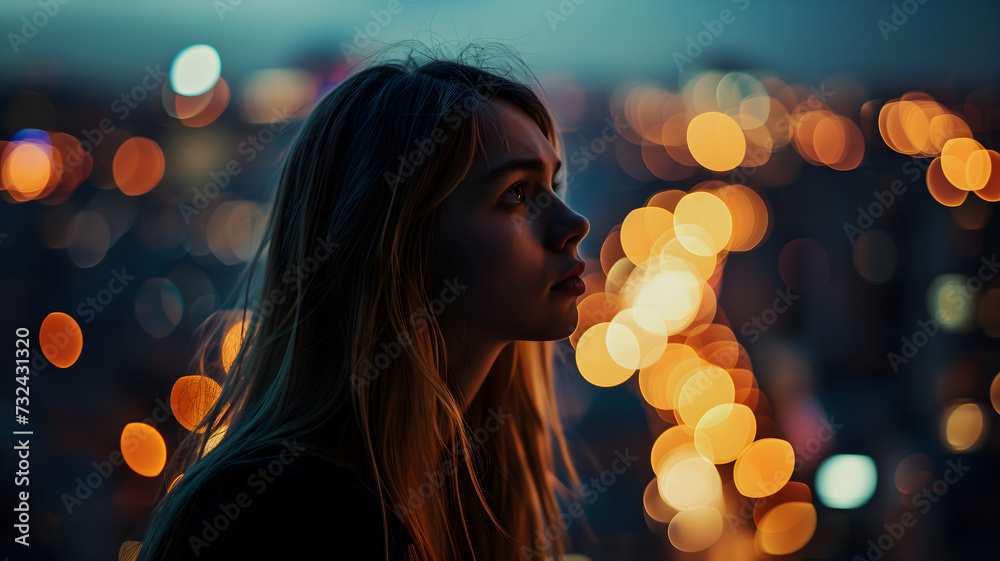 Close up of a young successful Caucasian business woman looking at the night city with professional cinematic light. Neural network generated image. Not based on any actual person or scene.
