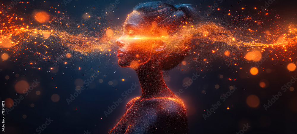 Digital Human Concept with a Female Silhouette Emerging from a Burst of ...