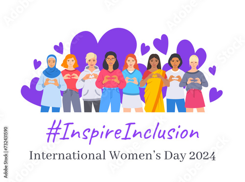 Inspire inclusion campaign pose. International Women's Day 2024 theme banner. Smiling diverse women make heart symbol with hands to stop discrimination and stereotypes. Gender equal inclusive world
