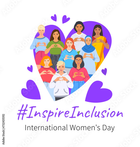 Inspire inclusion campaign pose. International Women s Day 2024 theme banner. Smiling diverse women make heart symbol with hands to stop discrimination and stereotypes. Gender equal inclusive world