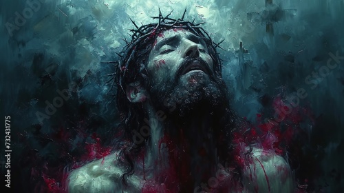 Photo Jesus's Bloodied Face: A Painting of the Crucifixion Generative AI