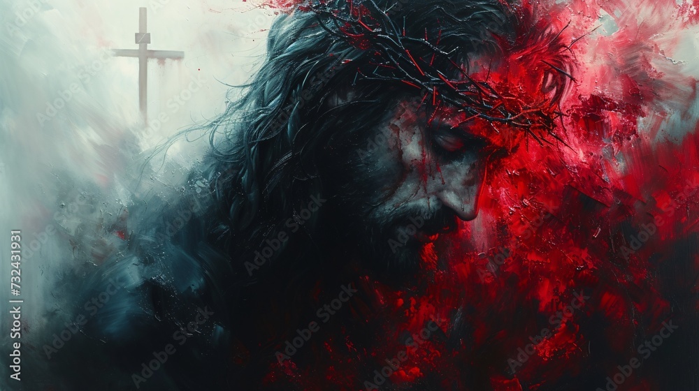 Jesus's Bloodied Face Generative AI - obrazy, fototapety, plakaty 