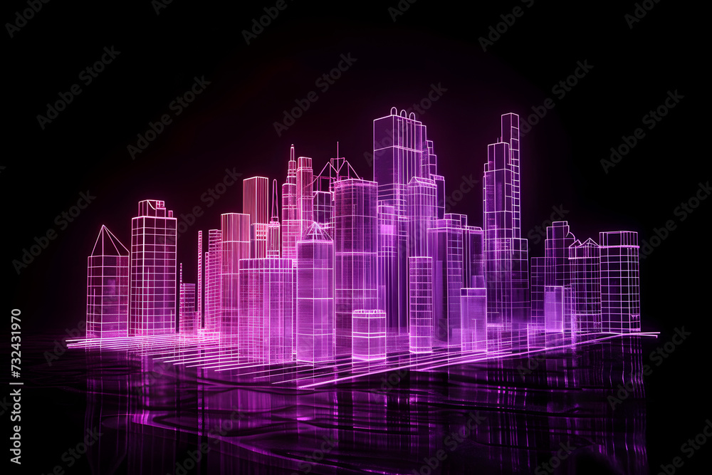 Neon futuristic cityscape isotated on black background. Created with generative AI.