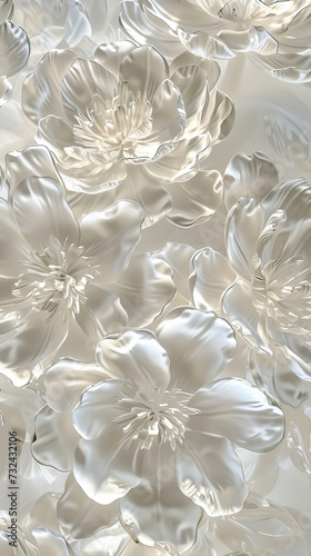Translucent glass peony pattern with a 3D effect and soft lighting
