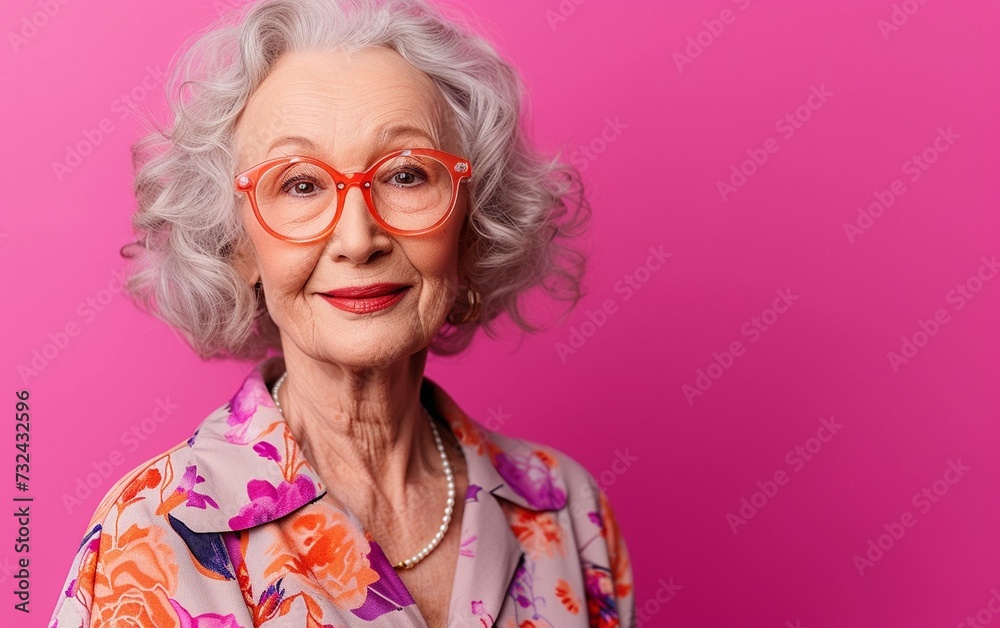 Older Woman With Glasses on a Pink Background