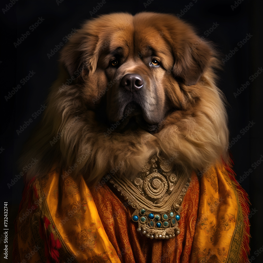 Realistic lifelike Tibetan Mastiff dog puppy in renaissance regal ...