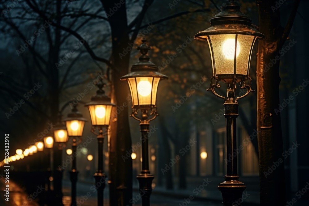 Atmospheric Lamp lightning on old street. Glowing lantern on urban historical wall avenue. Generate ai Atmospheric Lamp lightning on old street. Glowing lantern on urban historical wall avenue. Generate ai