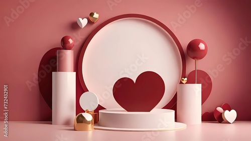 Esposizione artistica di pedane cilindriche con cuori decorativi in una composizione moderna ed elegante con sfondo rosso photo