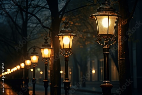 Atmospheric Lamp lightning on old street. Glowing lantern on urban historical wall avenue. Generate ai