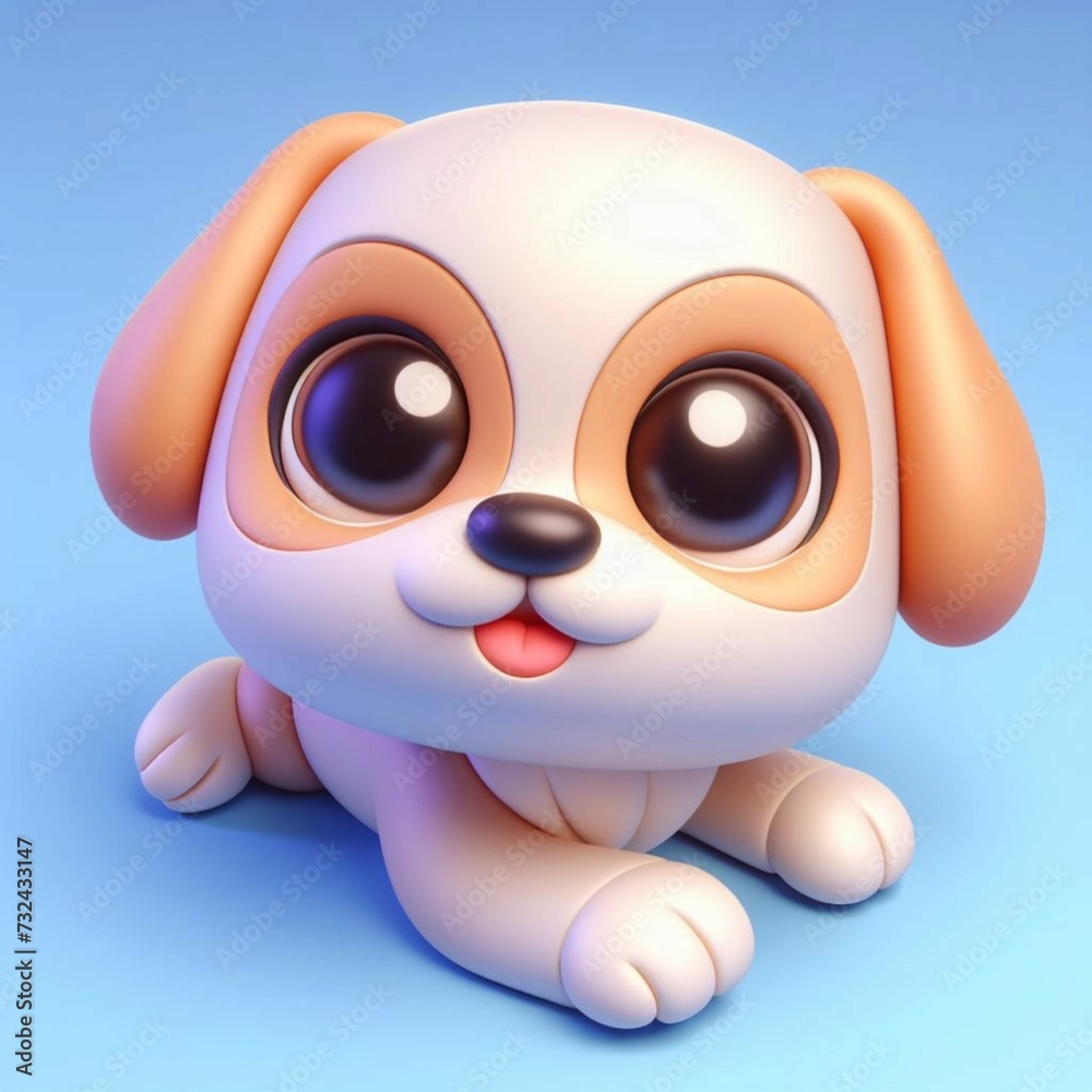Cute baby dog 3d rendering flat logo, lovely little animal with big eyes, cartoon character