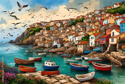  A charming coastal village perched on a cliff overlooking the sea, with colorful fishing boats bobbing in the harbor and seagulls wheeling overhead. 