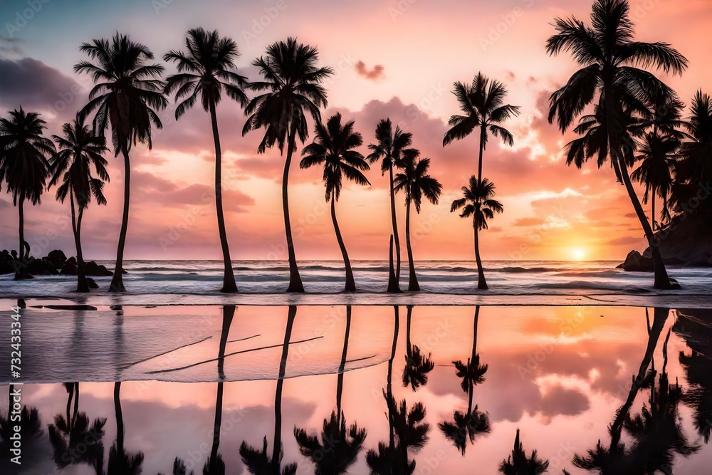  A serene beach at sunset, with pastel-colored skies reflecting off the calm waters and silhouettes of palm trees swaying gently in the breeze. 