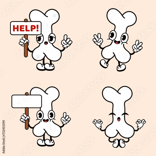 Funny cute Bone characters bundle set. Vector hand drawn doodle style traditional cartoon vintage, retro character illustration icon design. Isolated brown background. Happy Bone