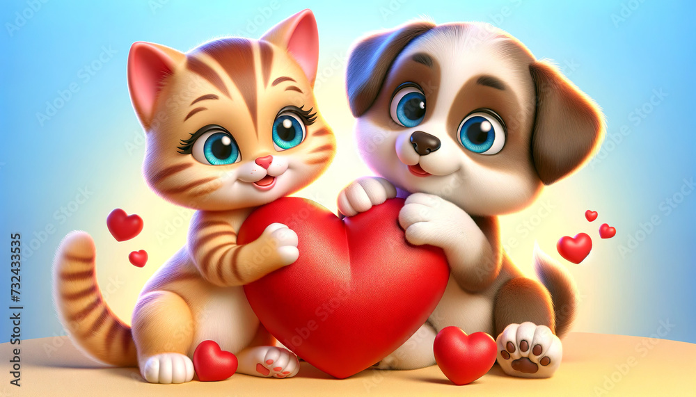 Adorable animated kitten and puppy holding a red heart together, surrounded by smaller hearts with a warm, affectionate expression on a soft blue background.The concept of love. AI generated.
