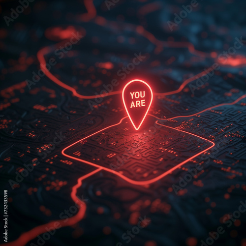 plan d'une ville en relief avec un itinéraire en surbrillance rouge avec un marqueur ou pointeur pour indiquer l'emplacement actuel avec le texte en anglais "YOU ARE" (vous êtes en français)