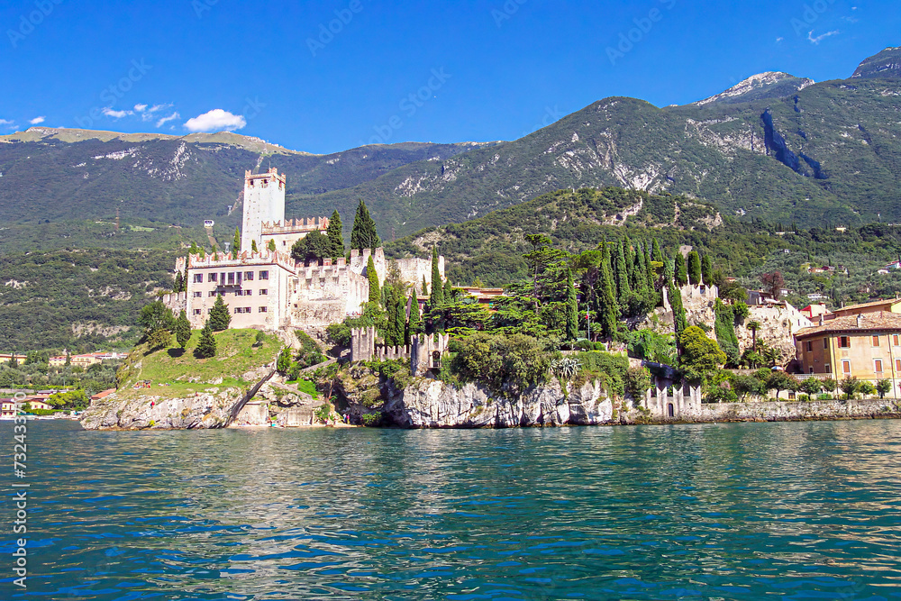 Town of Malcesine castle and waterfront view, Veneto region of Italy, Lago di Garda.