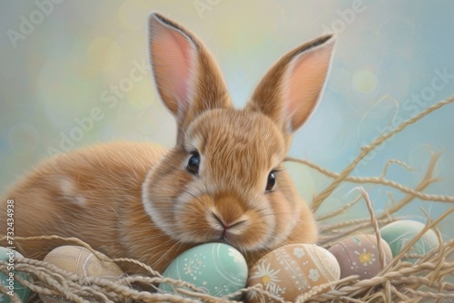 Happy Easter Eggs Basket easter daisy. Bunny in flower easter Merry decoration Garden. Cute hare 3d wild bunny easter rabbit spring illustration. Holy week Opulent card wallpaper vibrancy