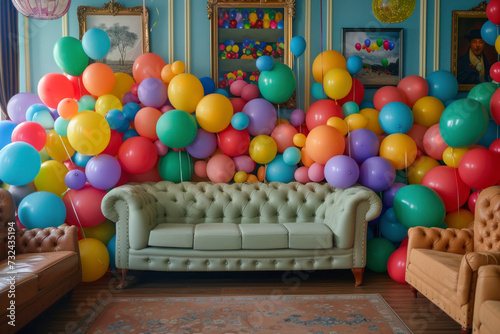Living room full of colorful balloons by sofa.