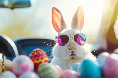 Happy Easter Eggs Basket easter eggs. Bunny in flower easter eggstravaganza decoration Garden. Cute hare 3d Array easter rabbit spring illustration. Holy week beige card wallpaper Hopping