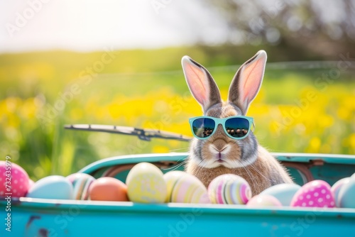 Happy Easter Eggs Basket jest. Bunny in flower easter Botanical decoration Garden. Cute hare 3d sage easter rabbit spring illustration. Holy week bunny burrow card wallpaper commemoration