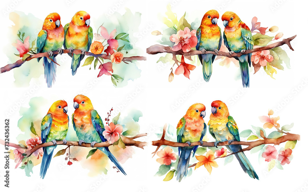 watercolor painting style illustration of love parrot birds on tree branch with flower isolated on white background collection set, Generative Ai