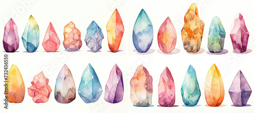 watercolor painting style illustration of colorful crystal stone isolated on white background collection set, Generative Ai
