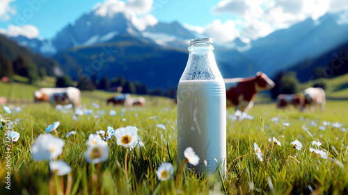 Glass bottle with milk on the grass and cow grazing in meadow on green meadow, flowers and mountains. Fresh organic milk. A herd of cows in field.