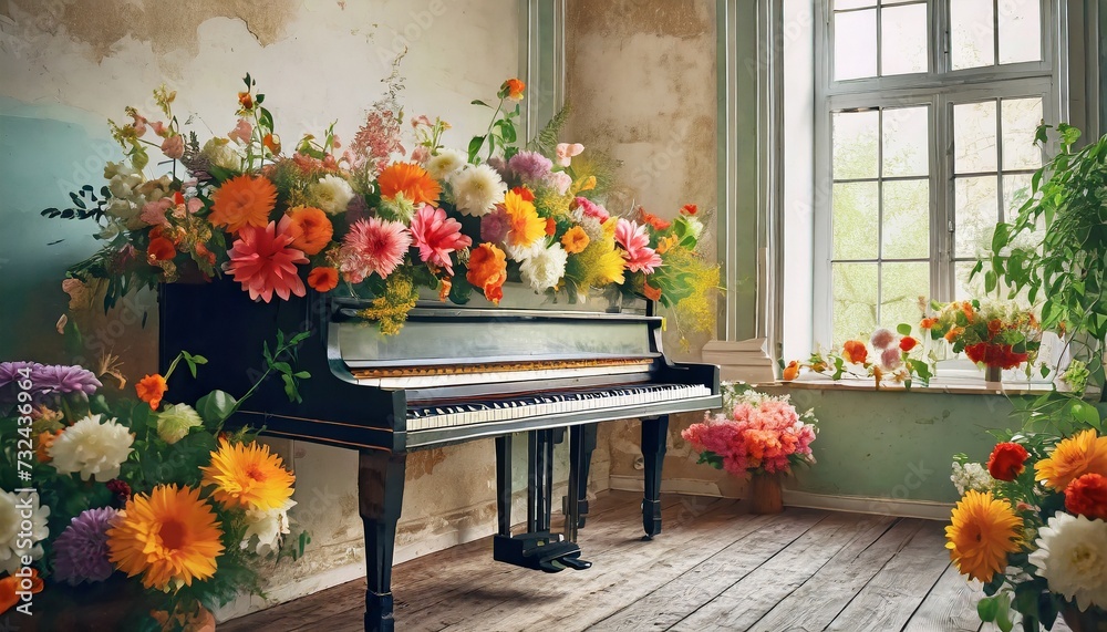 piano and flowers