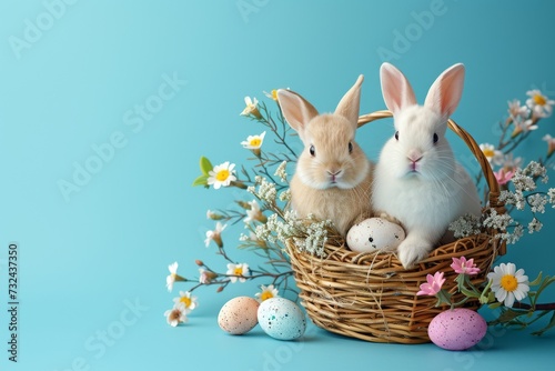 Happy Easter Eggs Basket nest. Bunny in flower easter Caption space decoration Garden. Cute hare 3d ears easter rabbit spring illustration. Holy week happy easter card wallpaper forsythias © Leo