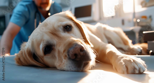 Golden labrador retriever dog visining a veterinary clinic. Golden retriever puppy in a vet cabinet 