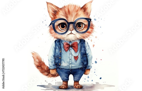 watercolor painting style illustration of cute nerd cat wearing eyeglasses isolated on white background Generative Ai