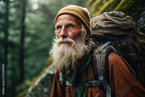 Adventurous Older man hiking nature. Nature outdoor autumn adventure adult. Generate Ai