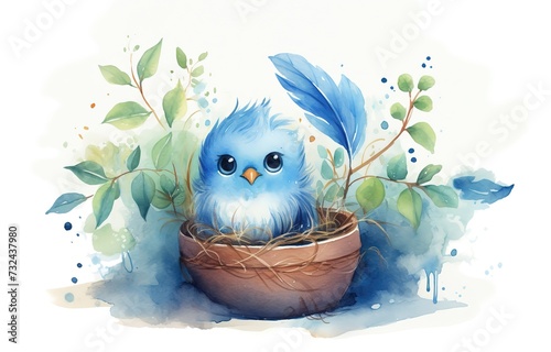 watercolor painting style illustration of blue bird in nest on tree branch isolated on white background collection set, Generative Ai © QuietWord