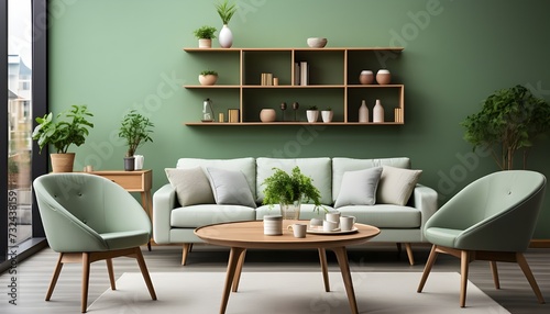 Scandinavian Mid-Century Elegance: Mint Chairs and Wooden Table in a Modern Living Room