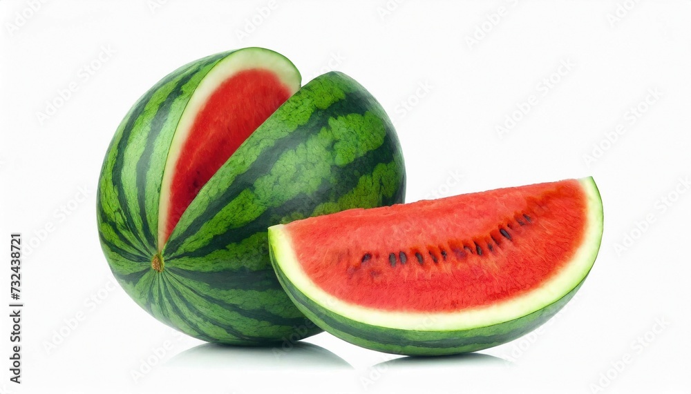 Ripe watermelon and a slice isolated on white background. Healthy food photography concept. Ripe watermelon and a slice isolated on white background. Healthy food photography concept.