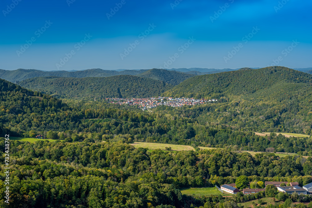 Naklejka premium Magnificent view from Trifels Castle over the hills of the Palatinate Forest, above the southern Palatinate town Annweiler. Wasgau, Rhineland-Palatinate, Germany, Europe