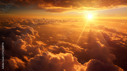 Aerial view of dramatic vibrant orange and yellow sunset or sunrise with clouds  and light rays. Panoramic top view. Flying above the clouds