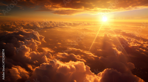 Aerial view of dramatic vibrant orange and yellow sunset or sunrise with clouds, and light rays. Panoramic top view. Flying above the clouds