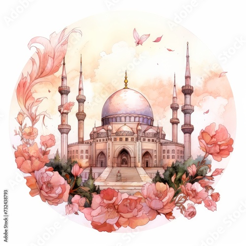 Islamic Watercolo mosqueand line art Muslim mosque watercolor looking with floral and rose belly. photo