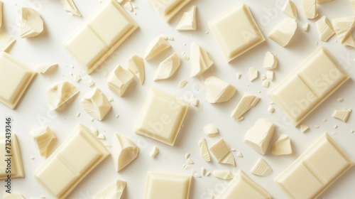 Abstract banner with pieces of white chocolate on a white background. Chocolate background.