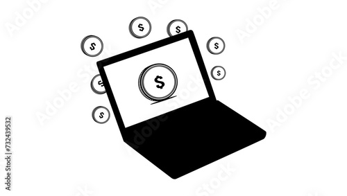 laptop makes money, black isolated silhouette